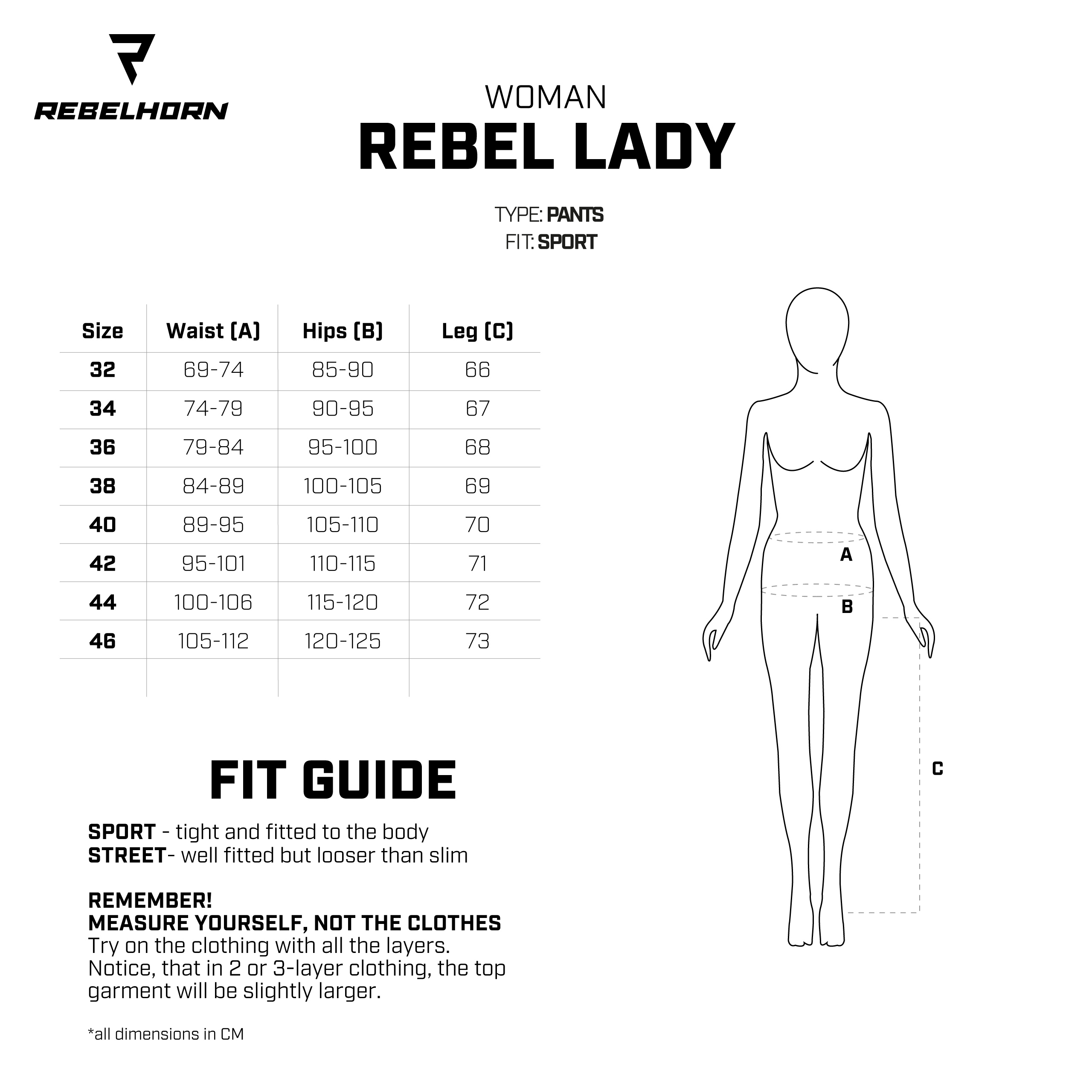 Tabla rozmiarów spodni rebelhorn rebel lady